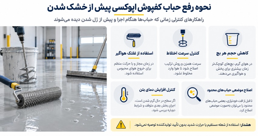رفع حباب کفپوش اپوکسی پیش از خشک شدن